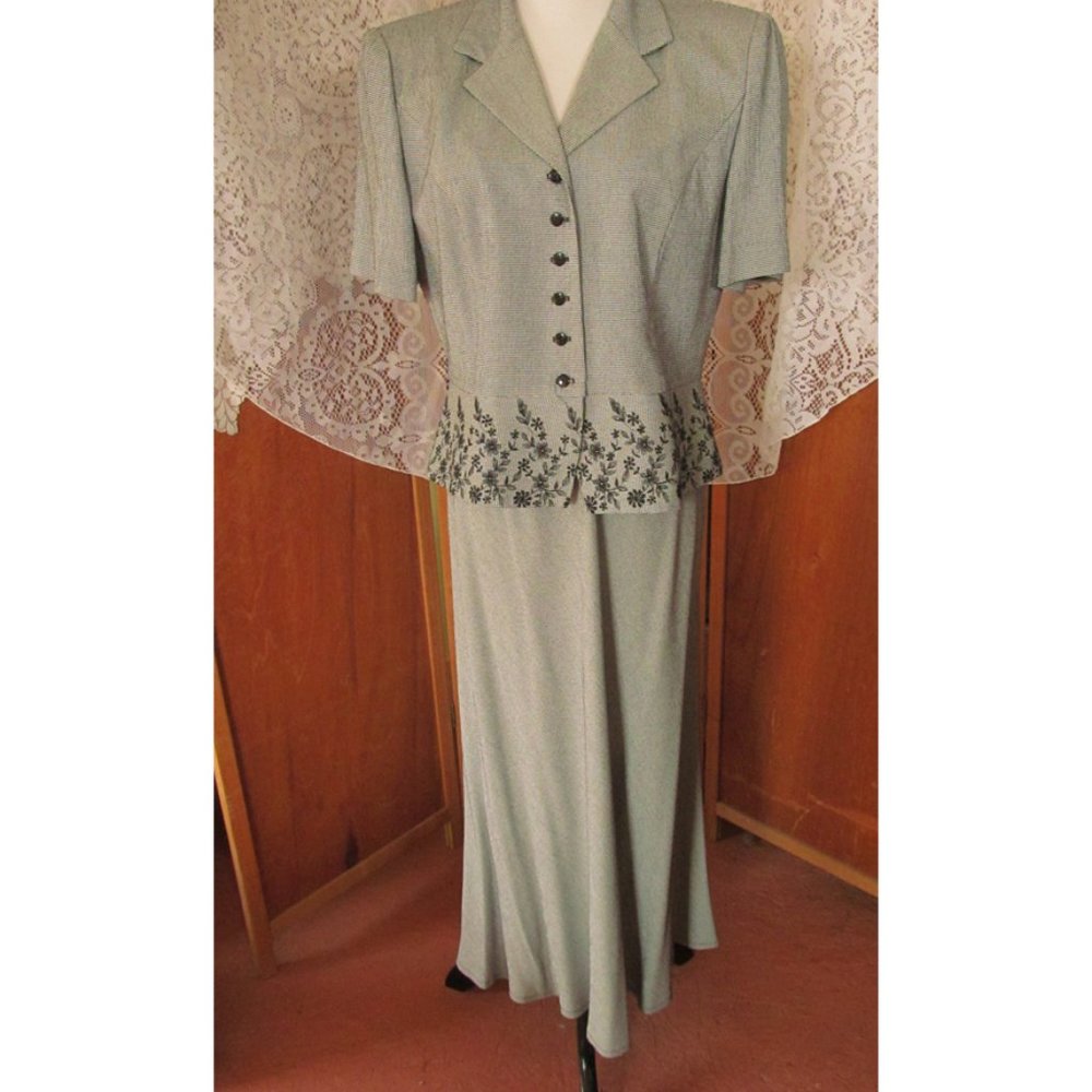 Vintage Virgo II Gatsby Peplum Houndstooth Embroidered Office Top/Skirt 12 2pc